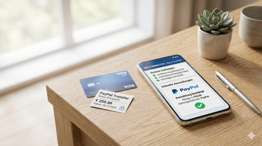 Nahaufnahme eines modernen Smartphones auf einem hellen Holztisch, das eine erfolgreiche PayPal-Auszahlung anzeigt, passend zum Thema sichere Zahlungsmethoden für Sportwetten und online casinos deutschland, ergänzt durch eine Kreditkarte und einen Zahlungsbeleg.